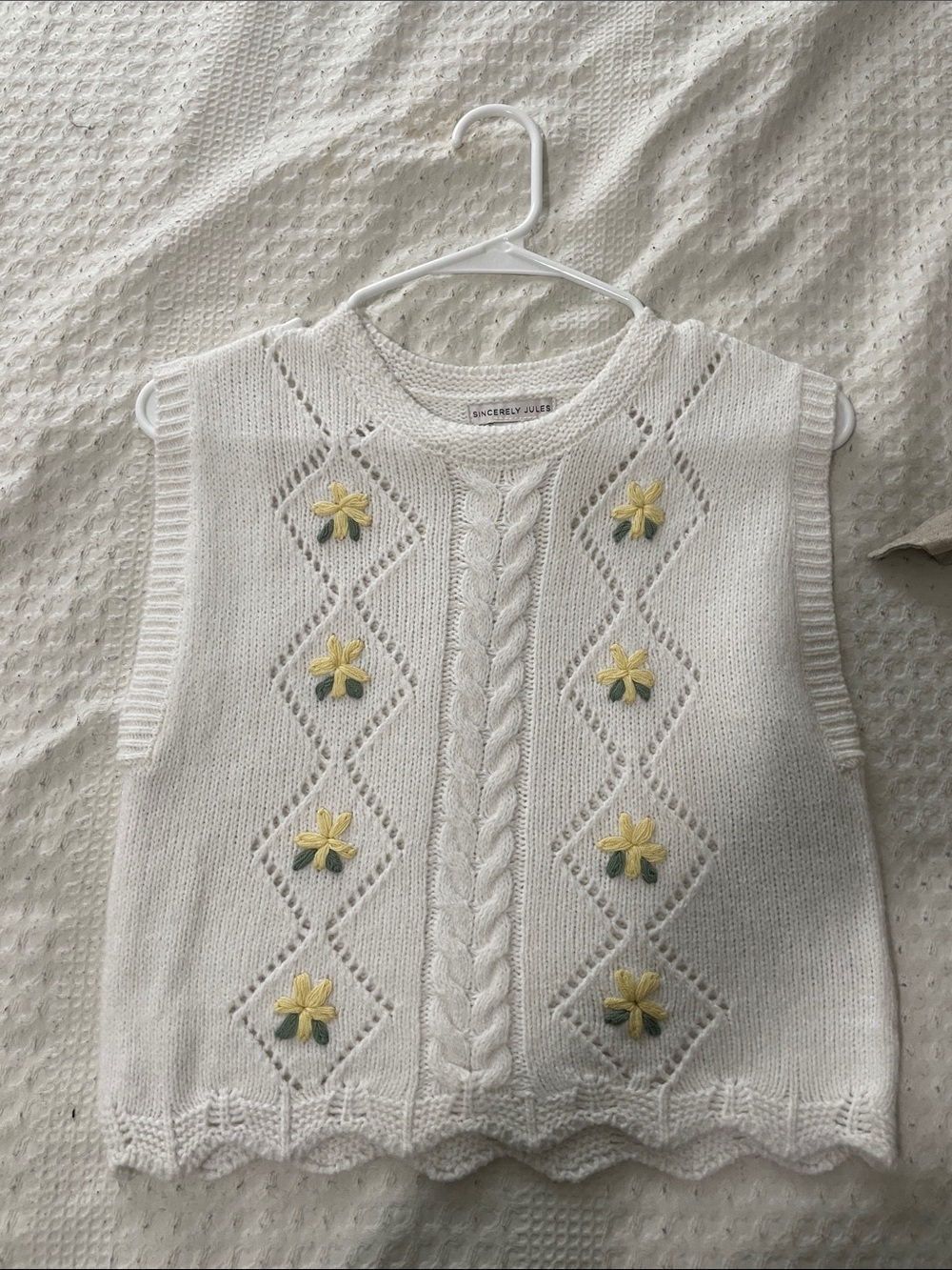 White Knit Sleeveless Sweater Vest with Yellow Floral Embroidery